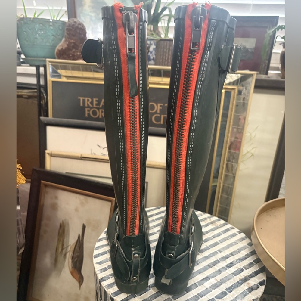 Women's Black Knee-High Rain Boots with Red Back Zip Accent